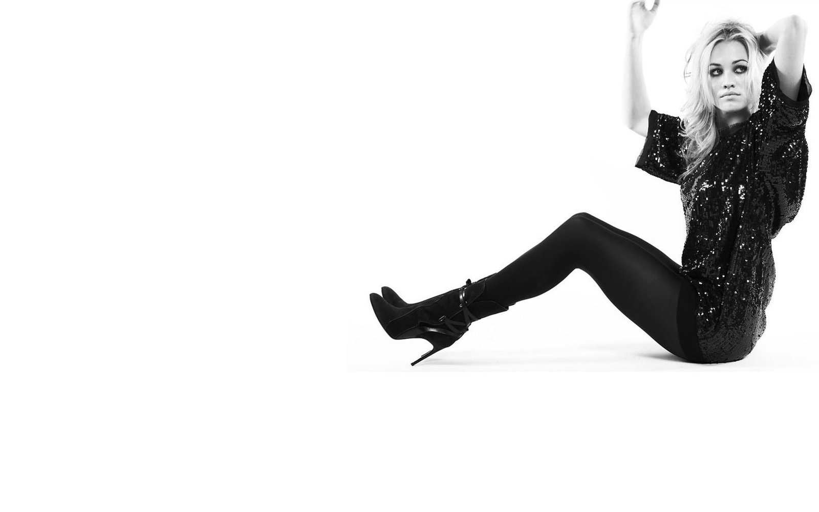 Yvonne Strahovski stiletto black clothing smoky eyes looking away