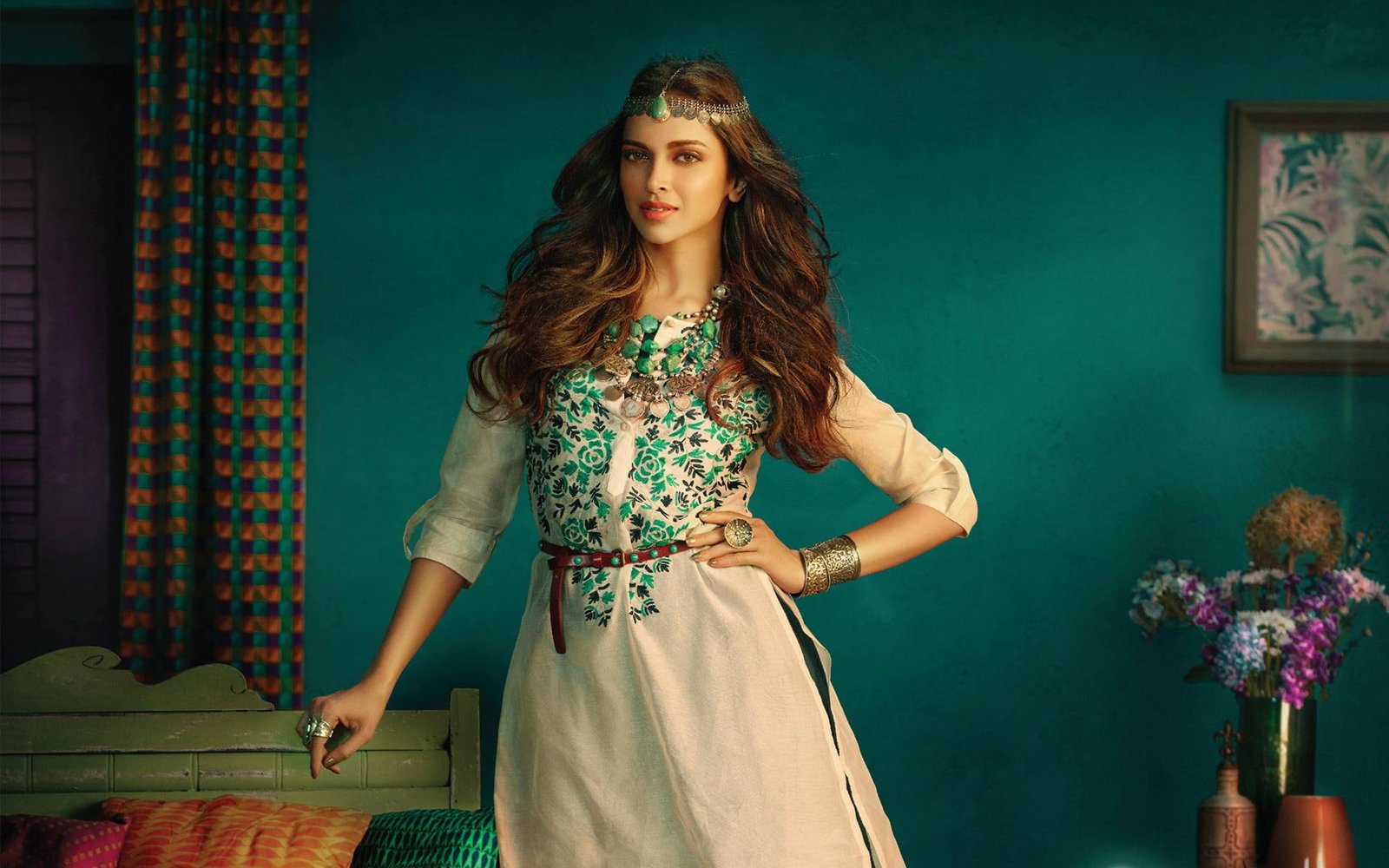 Deepika Padukone Indian Actress women's teal and gray floral print long sleeve dress