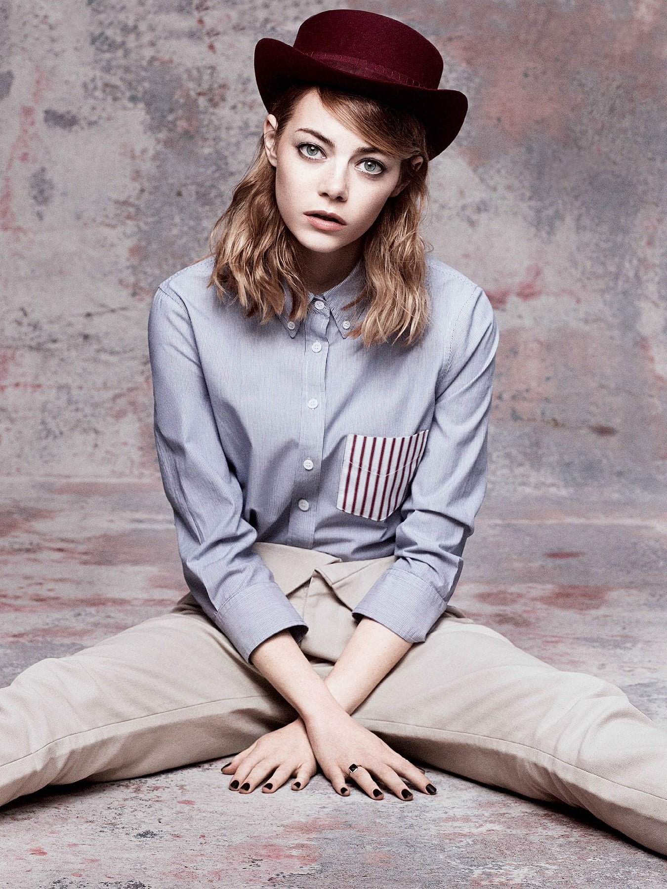 Emma Stone women actress painted nails hat sitting celebrity