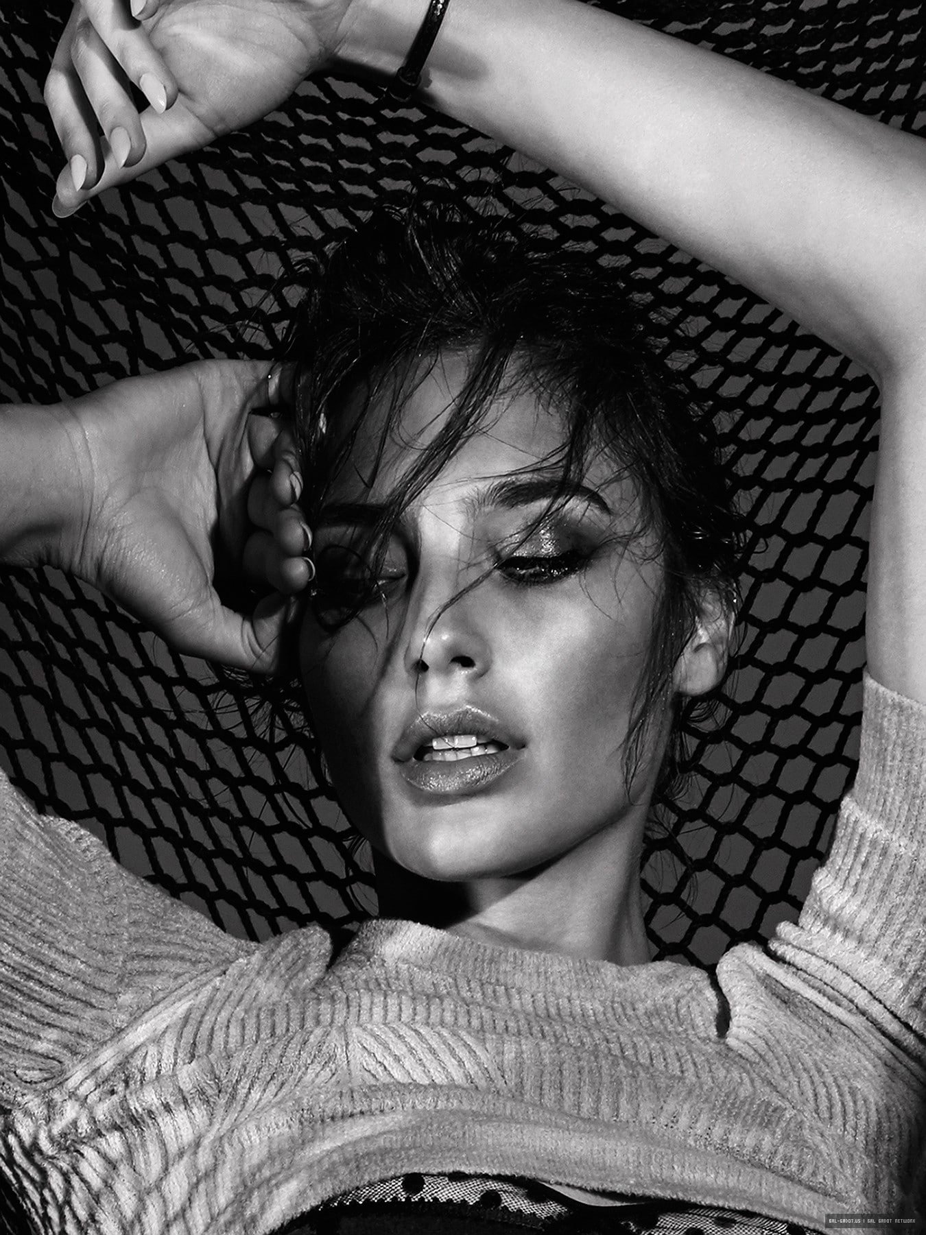 Gal Gadot actress women monochrome face portrait arms up