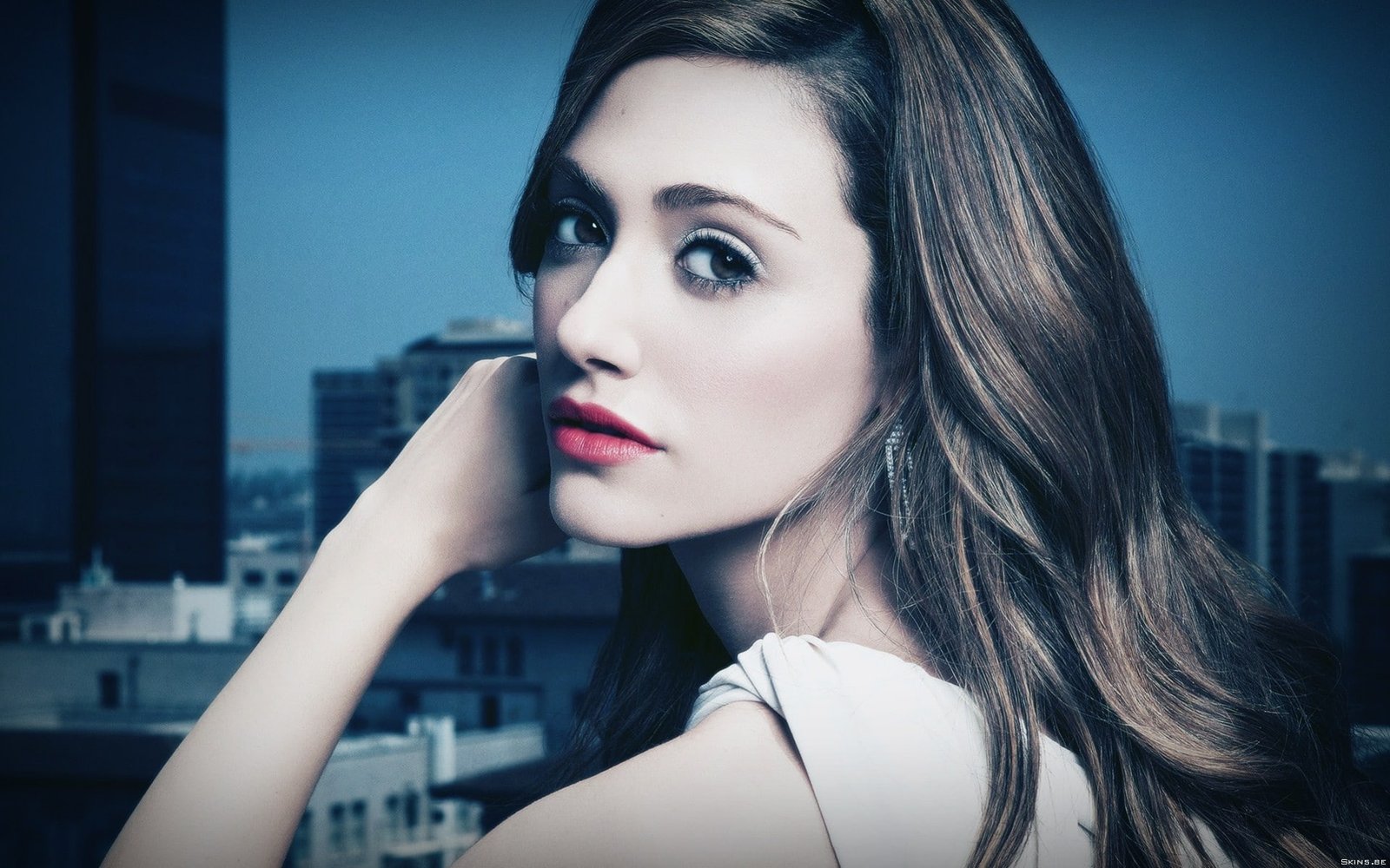 Emmy Rossum women brunette actress red lipstick face