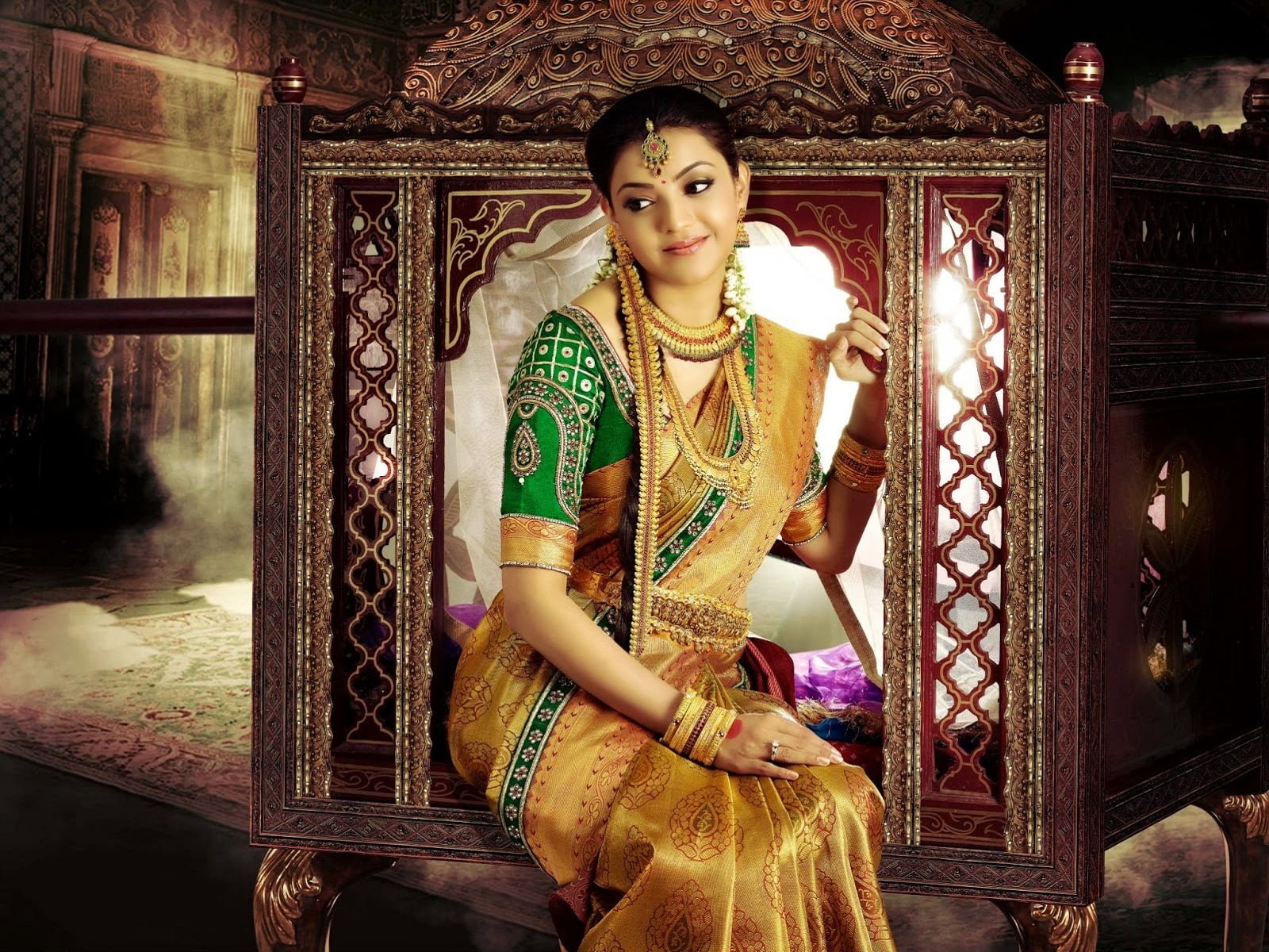 Kajal Agarwal Silk Saree women's brown and green sari dress 29