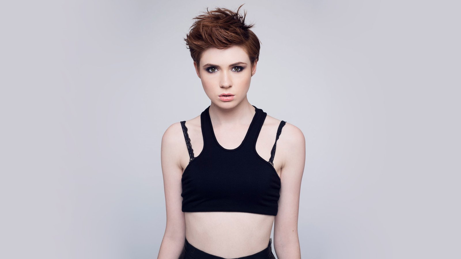 Karen Gillan redhead actress gray background closeup portrait 2k