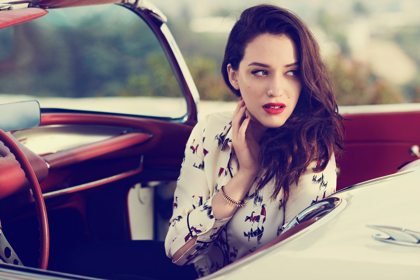 Kat Dennings actress women outdoors red lipstick car with cars