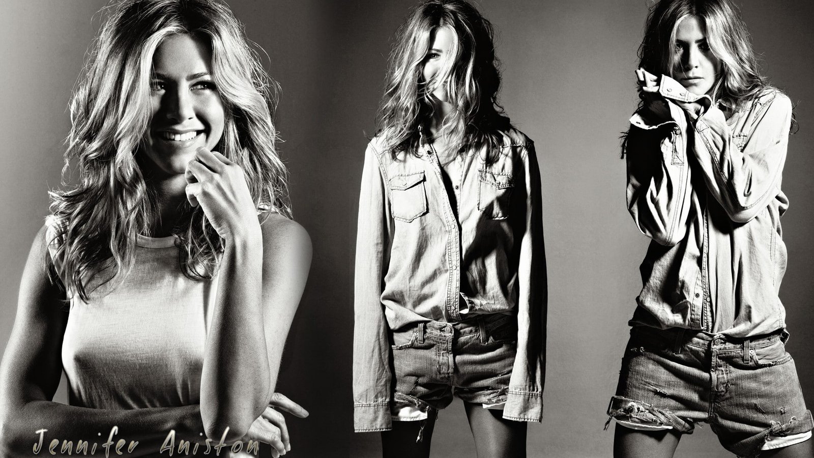 monochrome Jennifer Aniston blonde jean shorts sepia collage