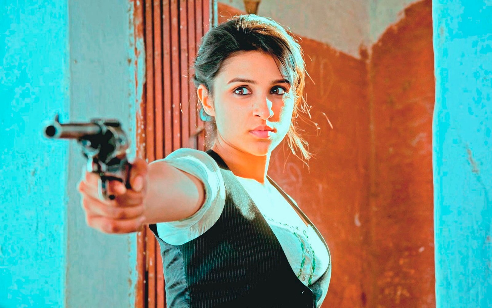 Parineeti Chopra With Gun women's black and gray top Bollywood Celebrities
