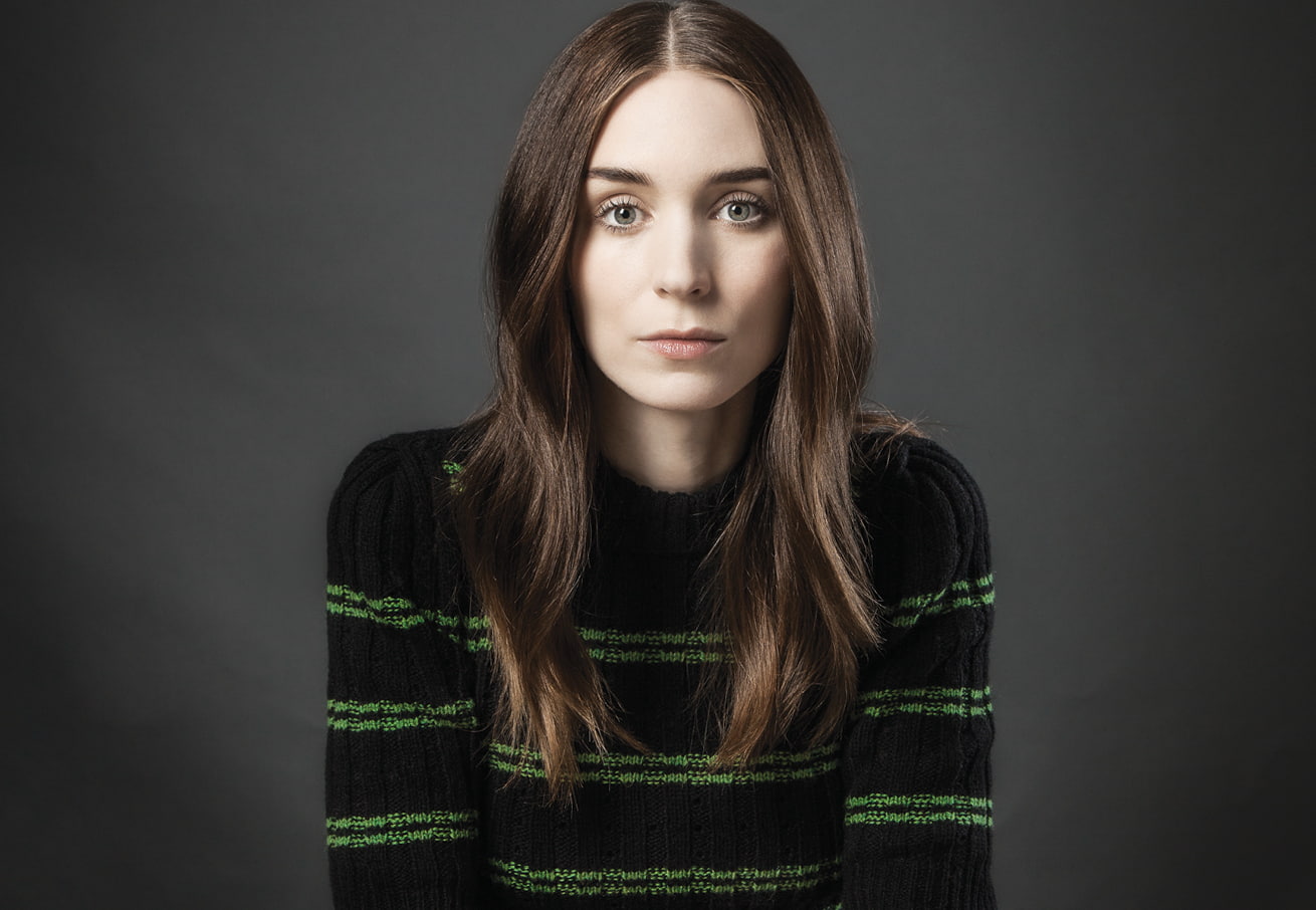 Rooney Mara actress brunette green eyes pink lipstick sweater