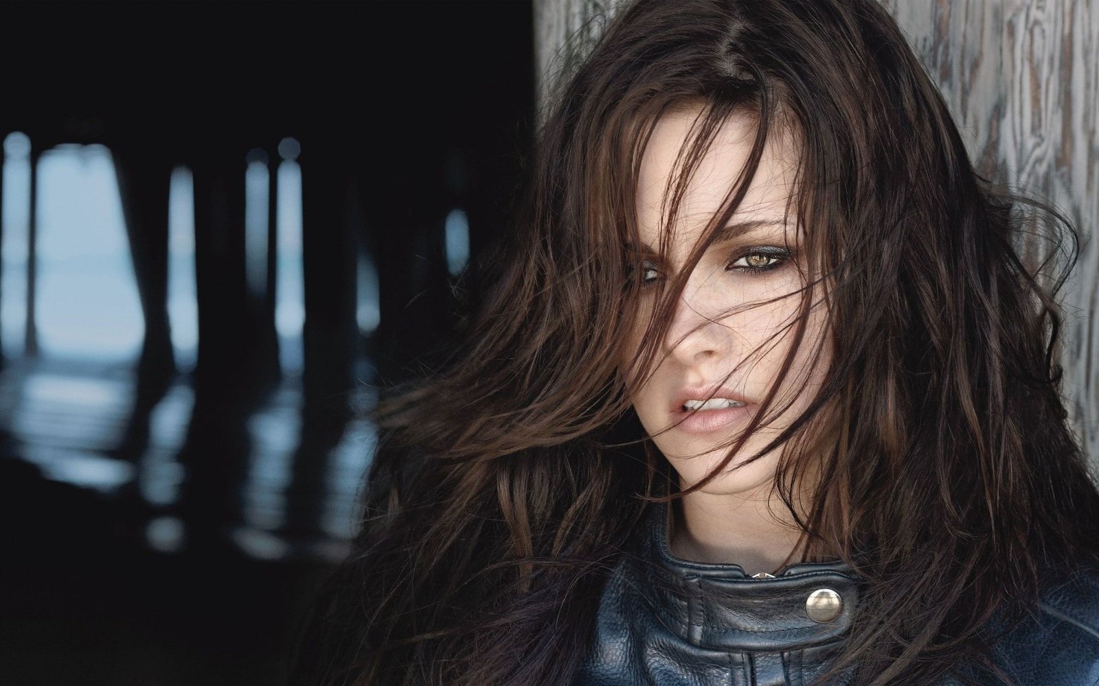 women brunette brown eyes smoky leather jackets hair in face