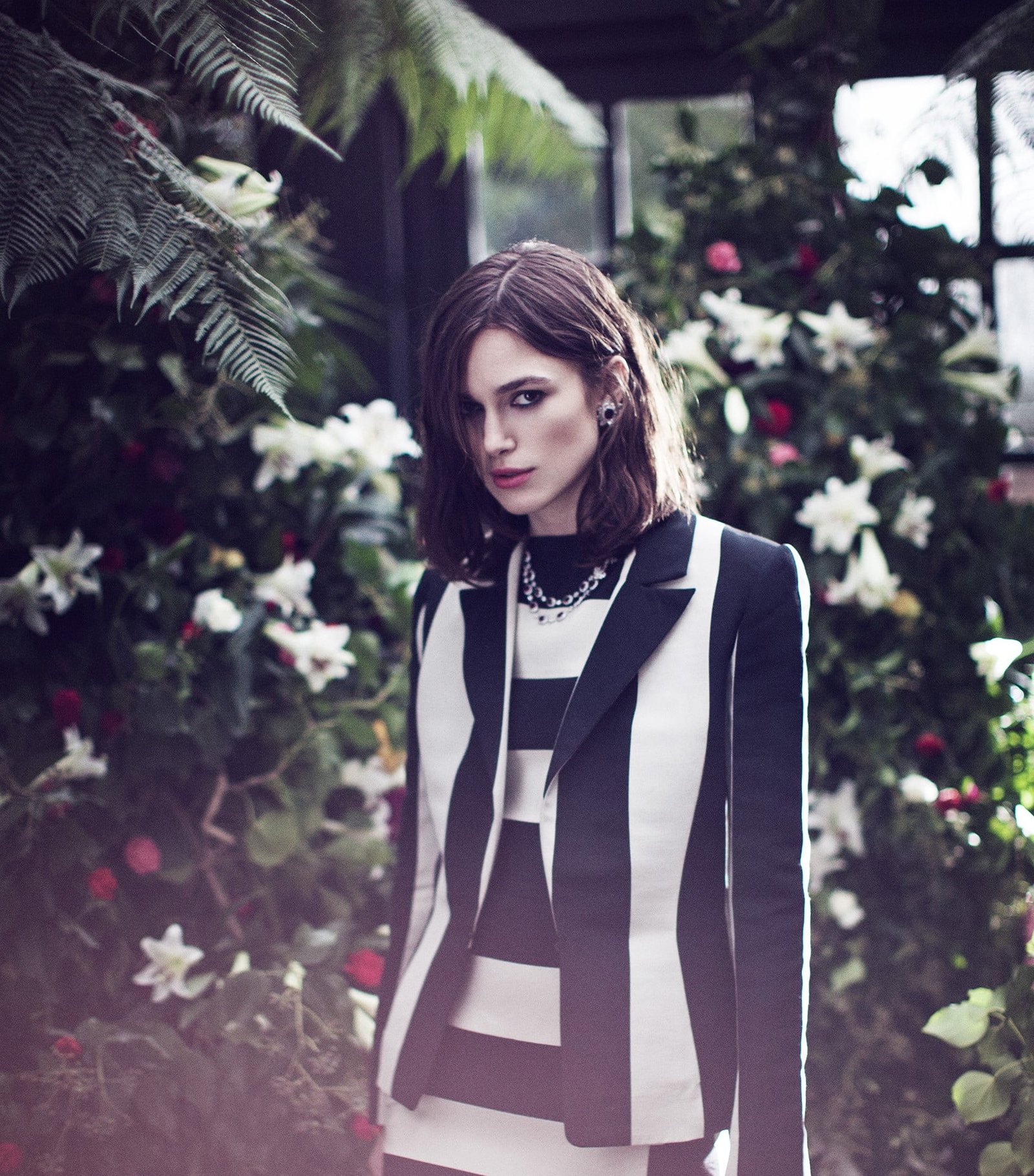 women's black and white striped long sleeve dress Keira Knightley