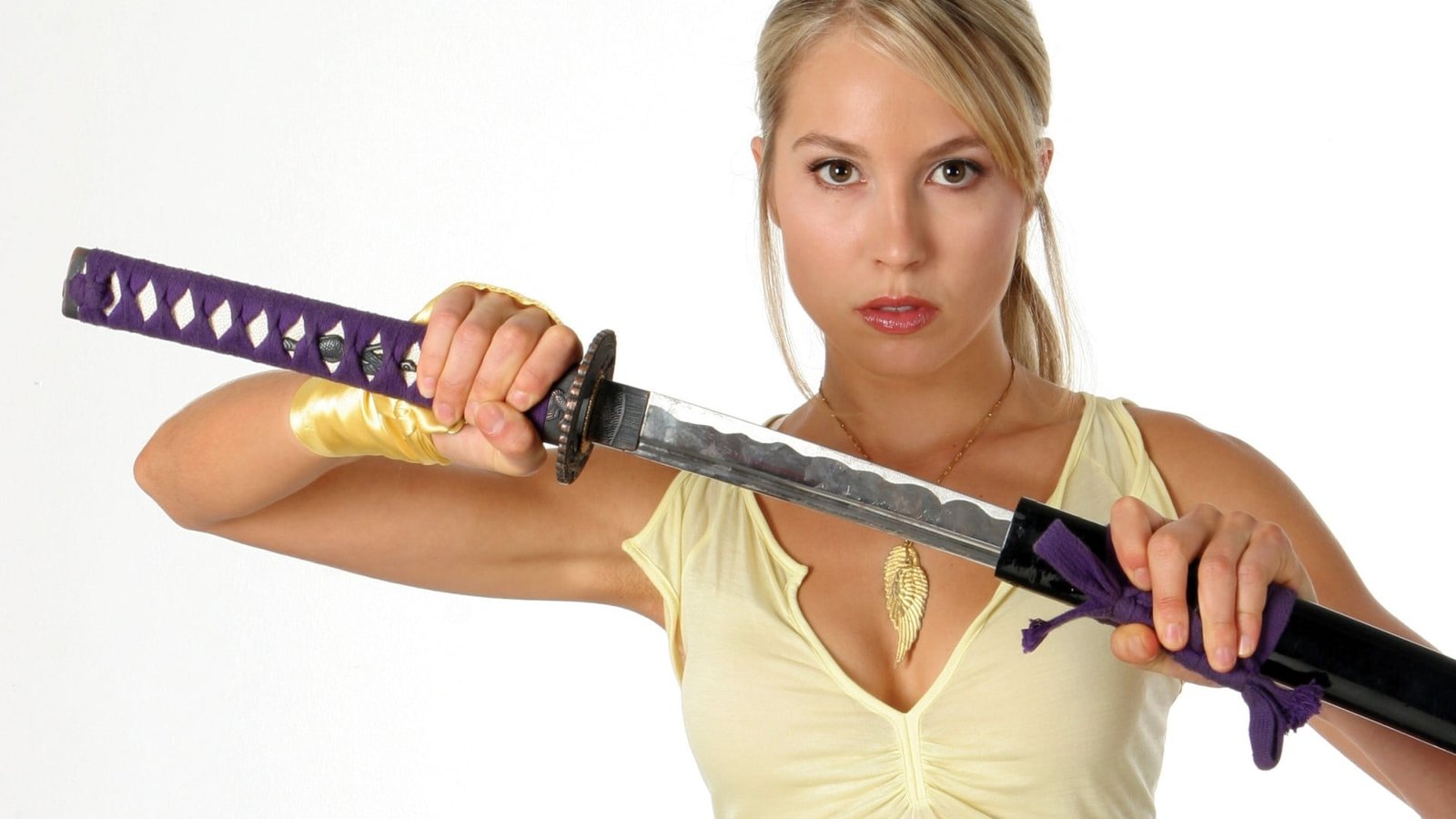 women model blonde long hair tank top bare shoulders katana