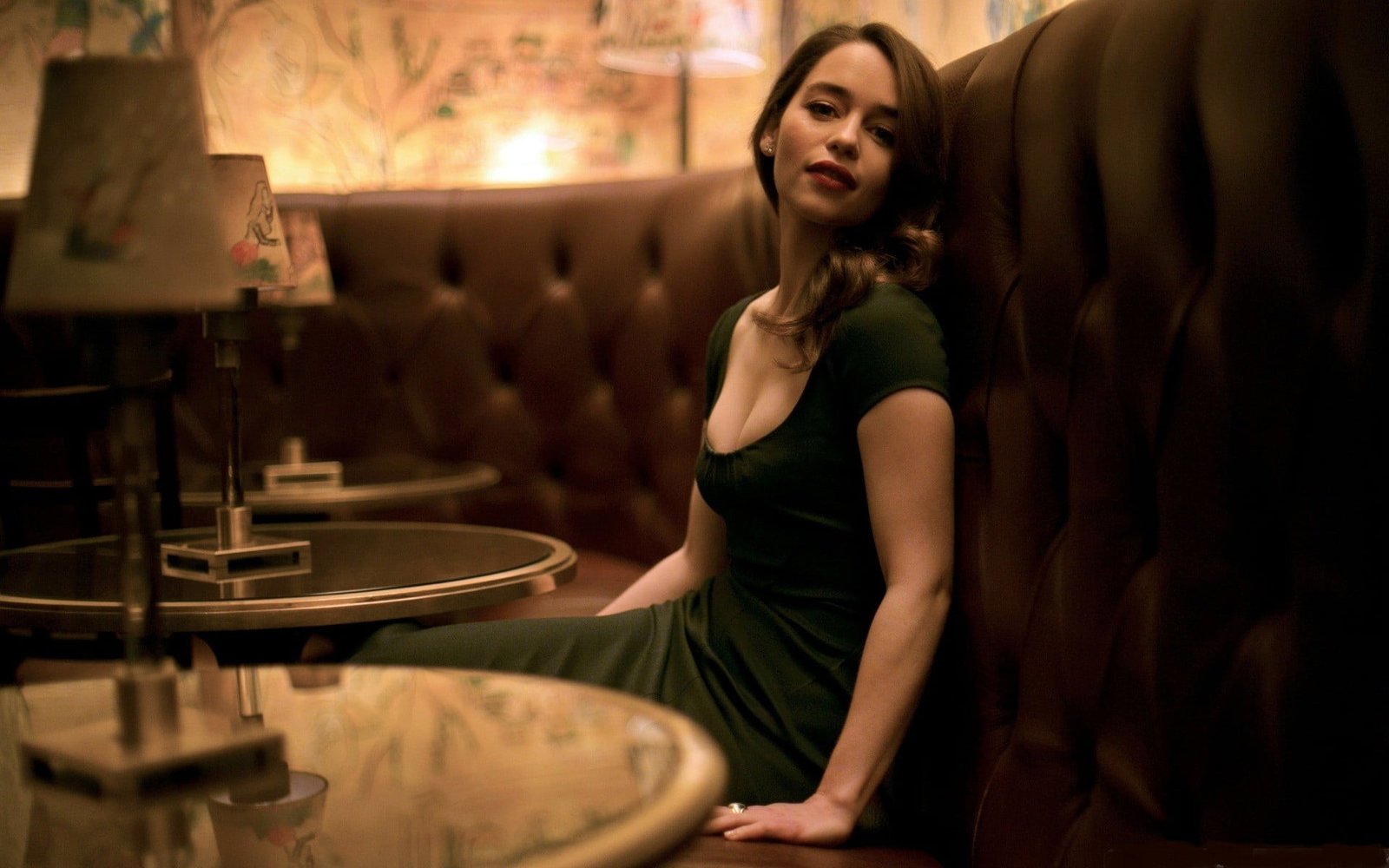women's black scoop neck cap sleeved dress Emilia Clarke actress