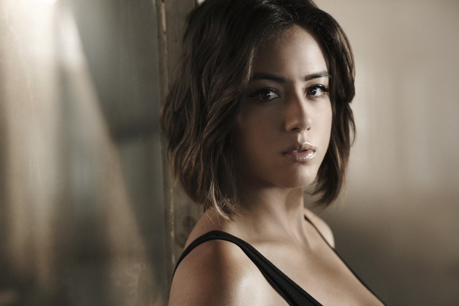 women's black tank top actress brunette Chloe Bennet open mouth 2k