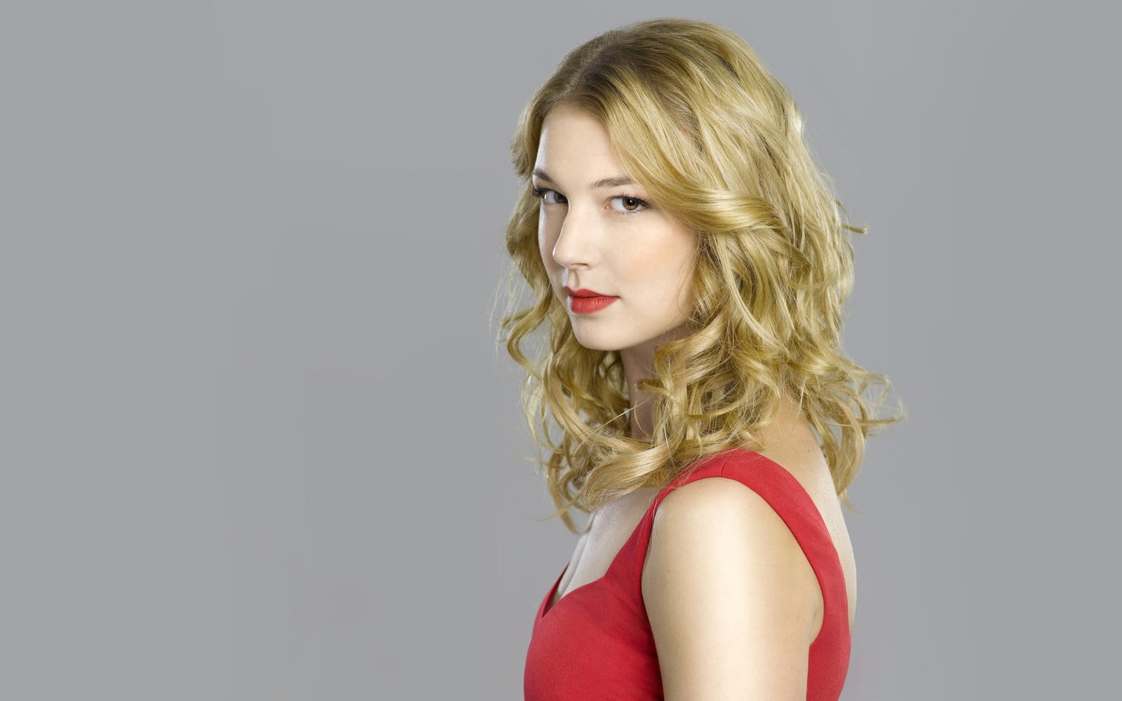 women's red sleeveless top Emily Vancamp blonde dress actress