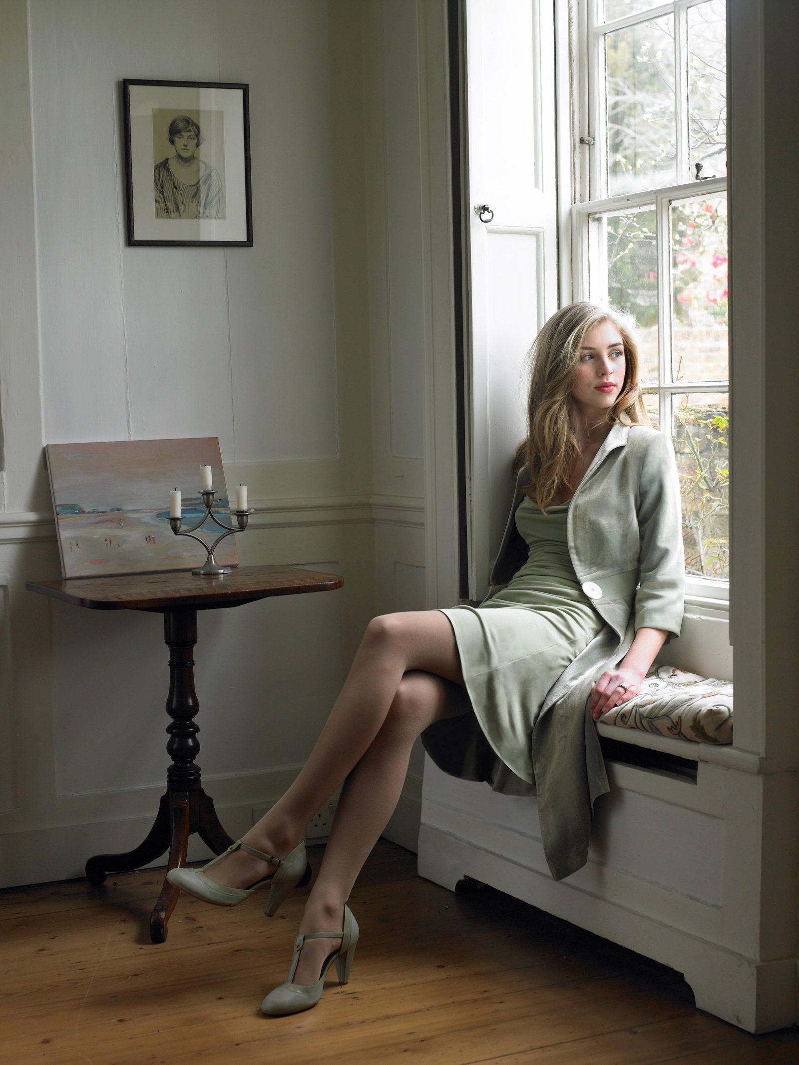 women's gray blazer and dress blonde actress Hermione Corfield 2k