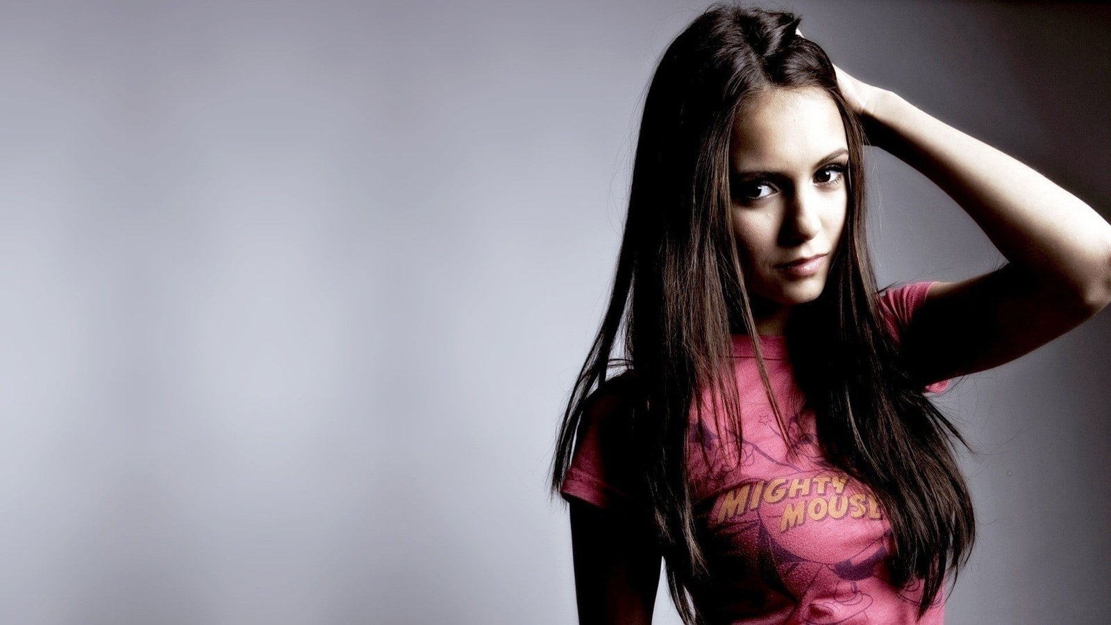 women's red crew neck shirt Nina Dobrev actress celebrity