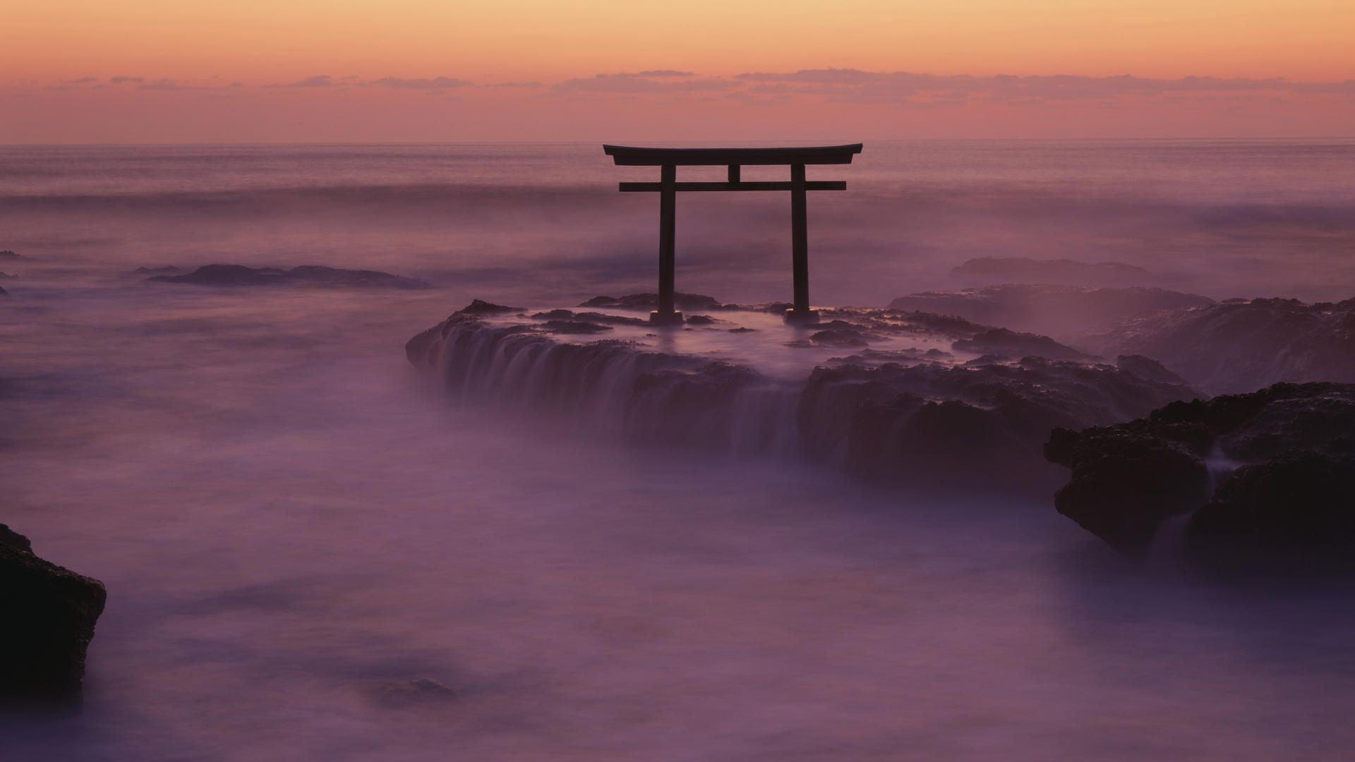 red wooden gate nature landscape torii Japan Asia rock 2k
