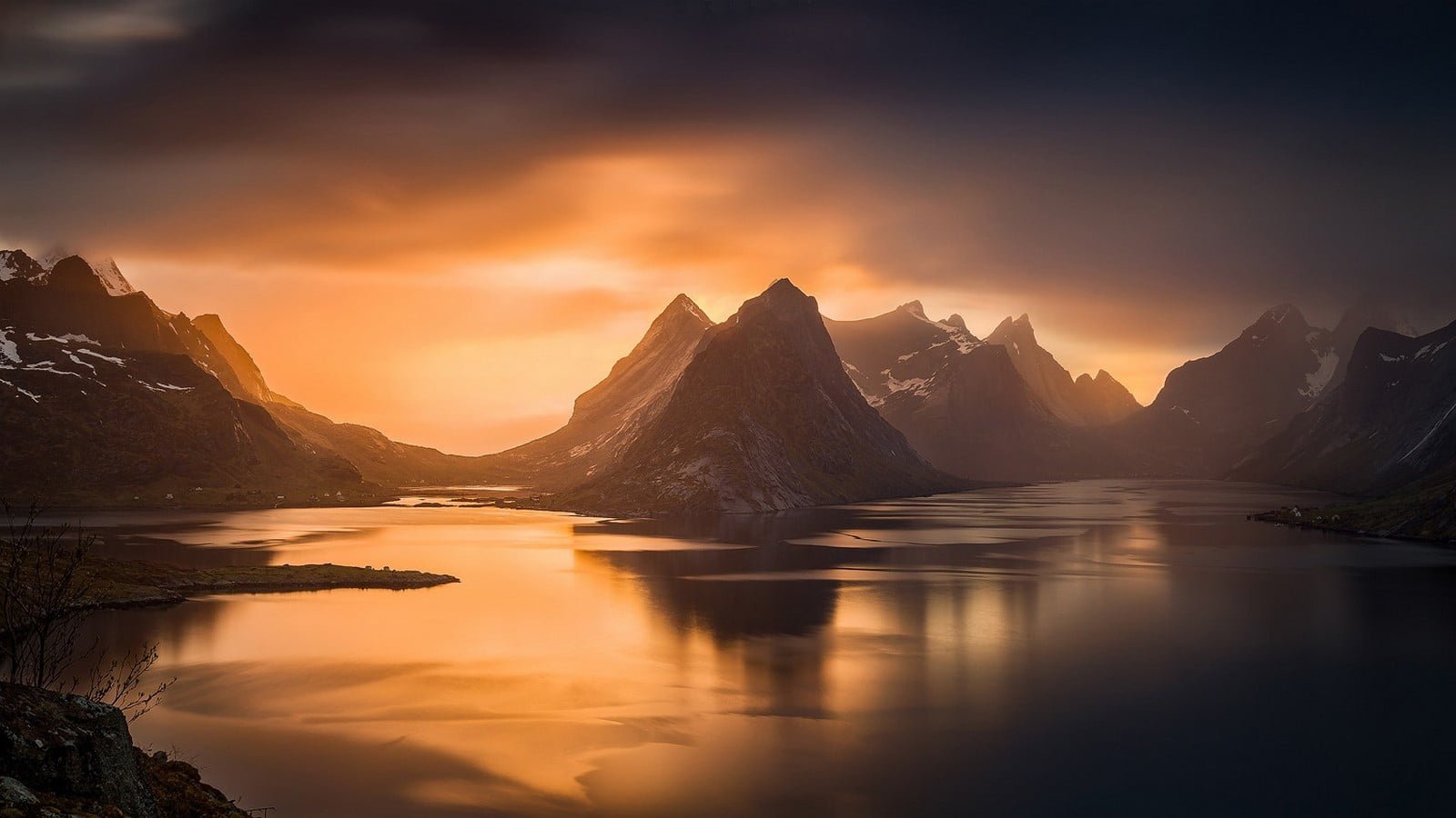 body of water and mountain illustration nature landscape fjord 2k