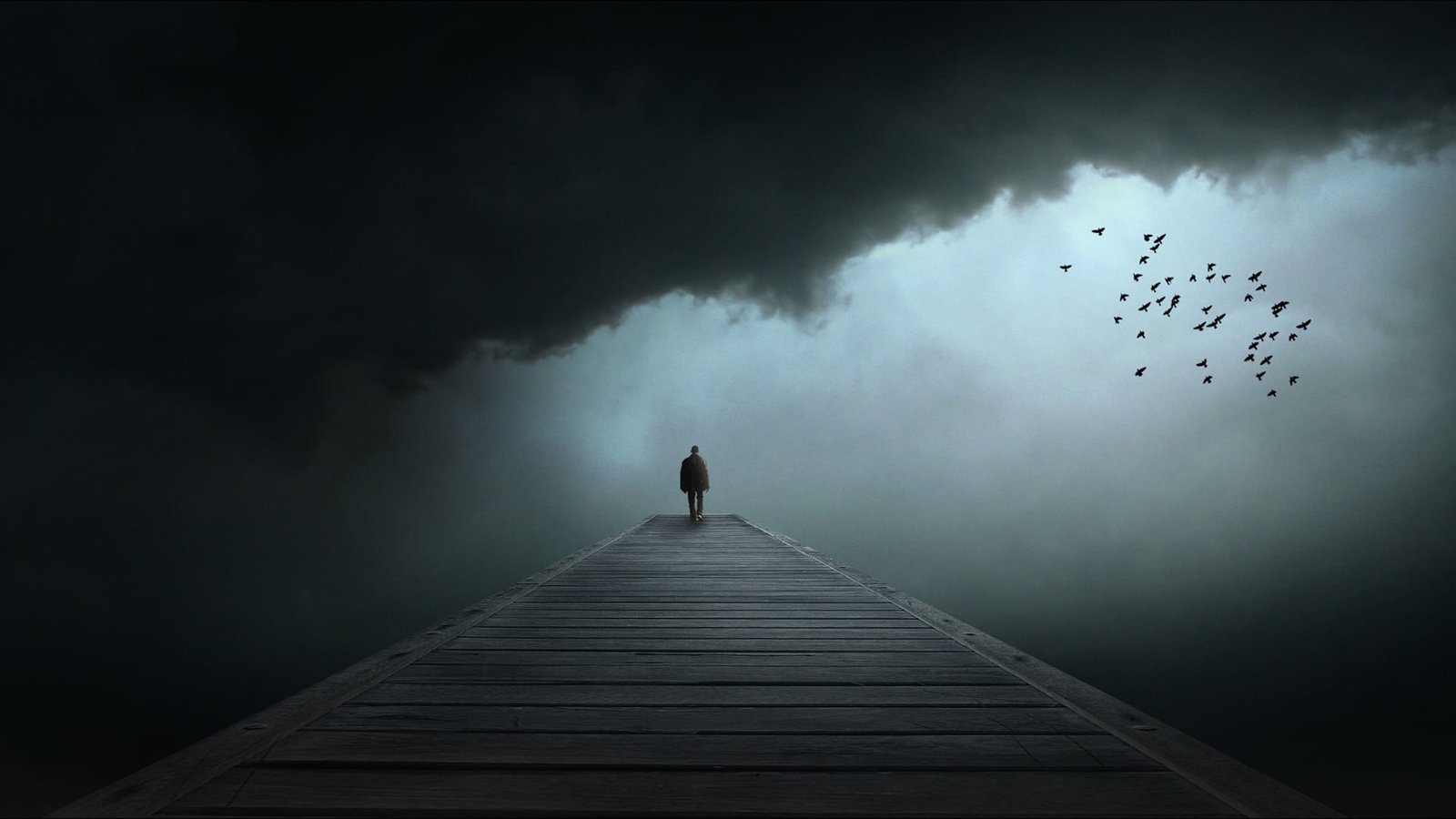 brown wooden dock with person wallpaper dark alone loneliness 2k