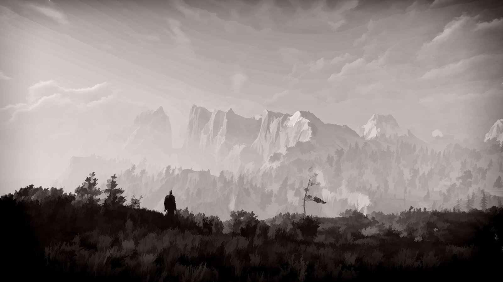 grascale photo of mountains The Witcher 3 Wild Hunt video games 2k