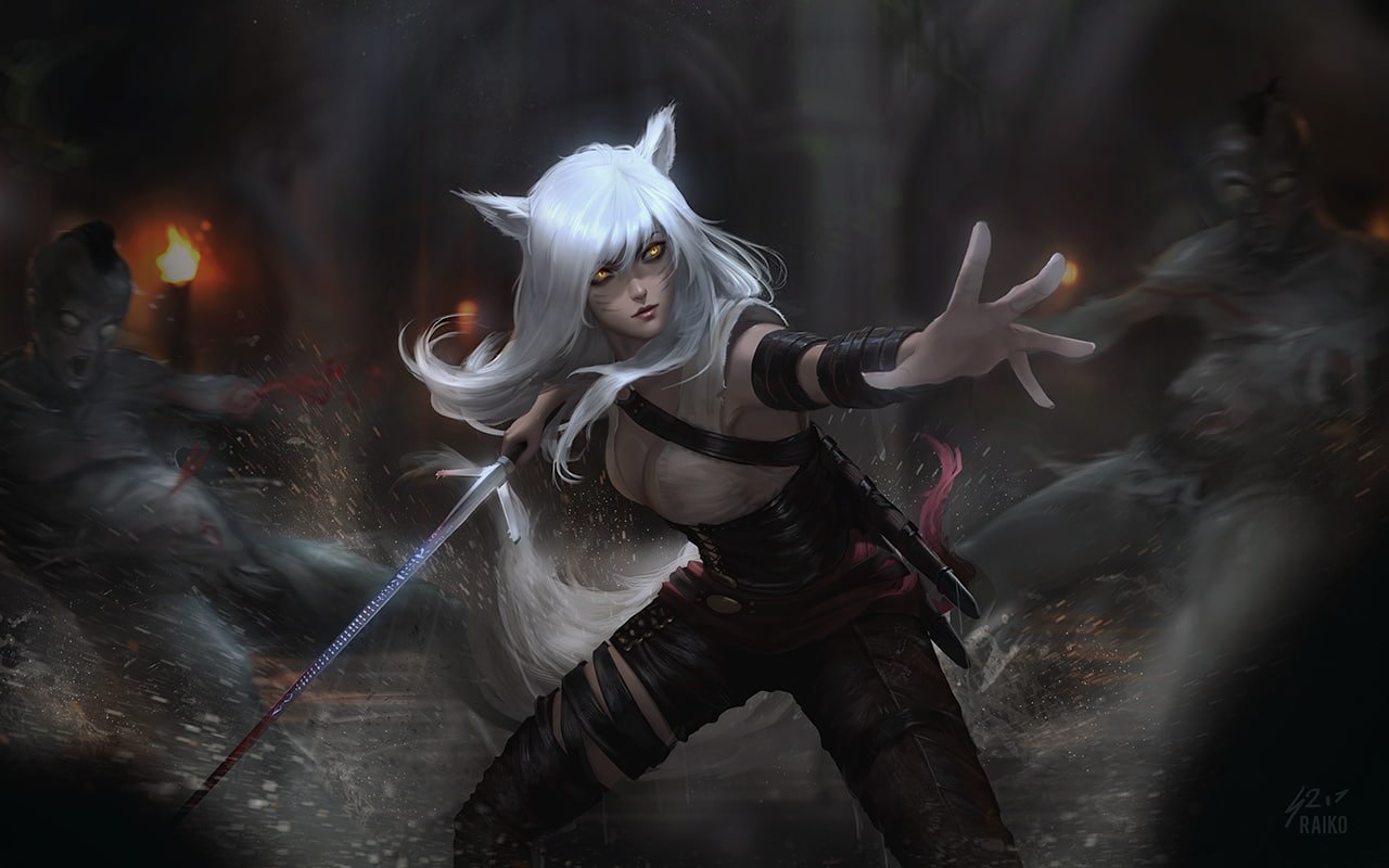 weapon crossover foxgirl cleavage cosplay animal ears
