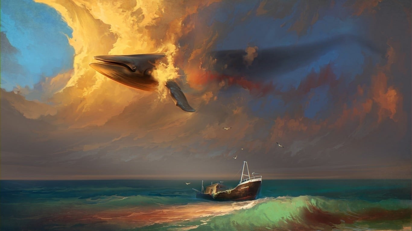 white and brown boat painting sea whale flying seagulls fantasy art