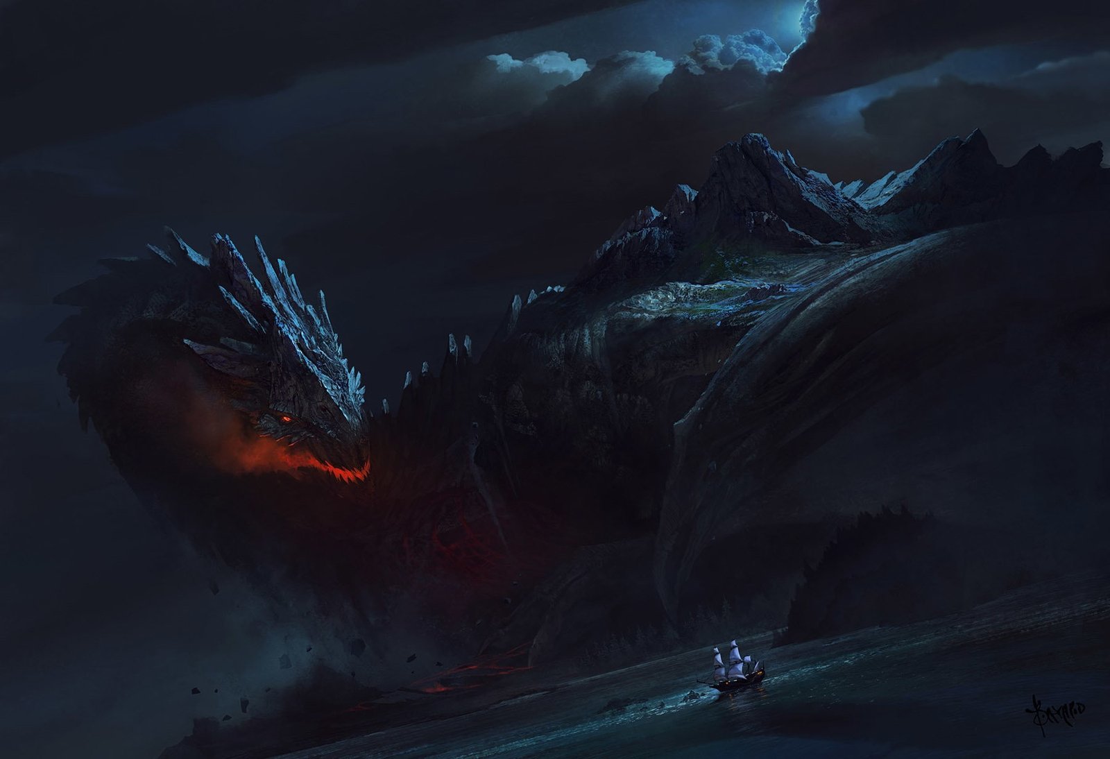 black dragon wallpaper fantasy art ship sailing cloud sky 2k