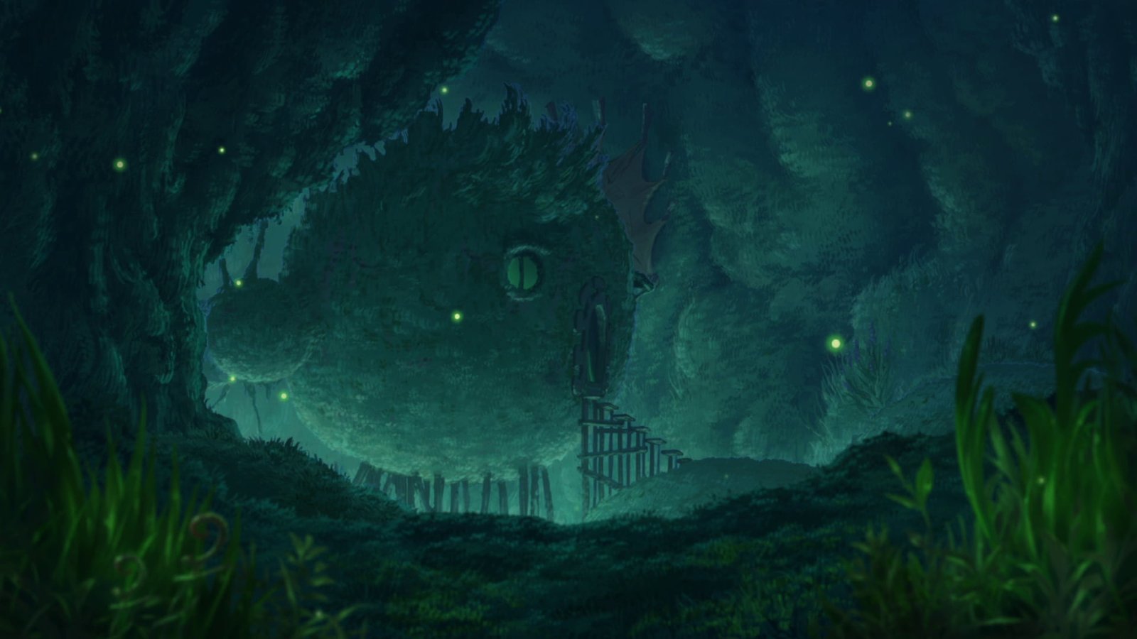 brown ball house in cave illustration environment Made Abyss 2k