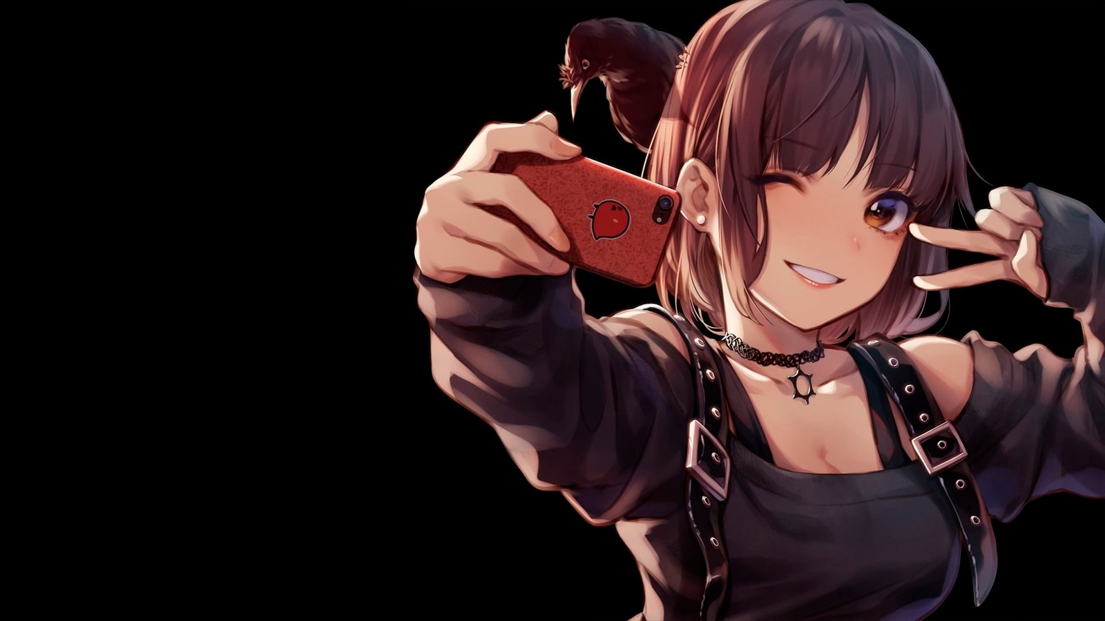 female anime character holding smartphone illustration manga 2k