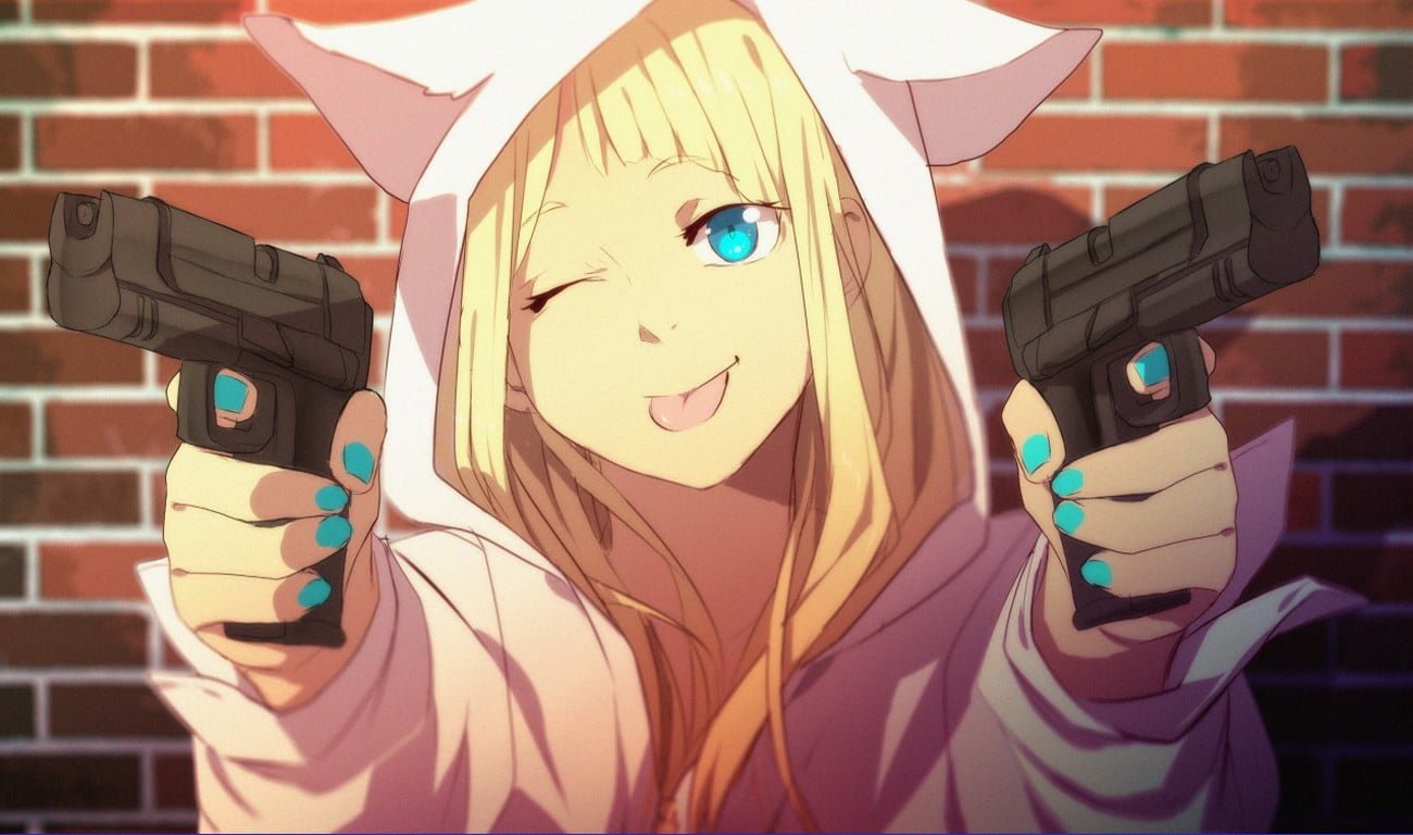 female holding two guns anime character pistol hoods girls