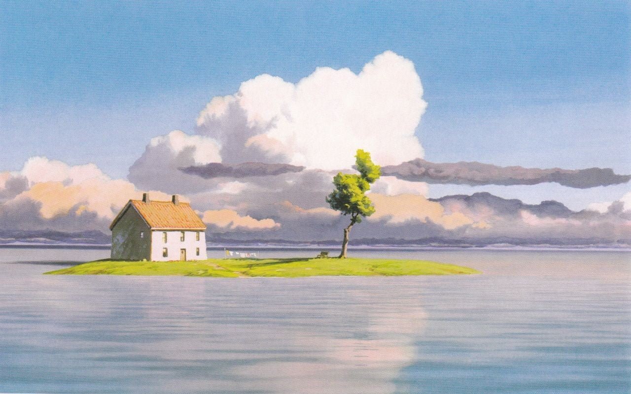 brown and white house island illustration flood anime Studio Ghibli