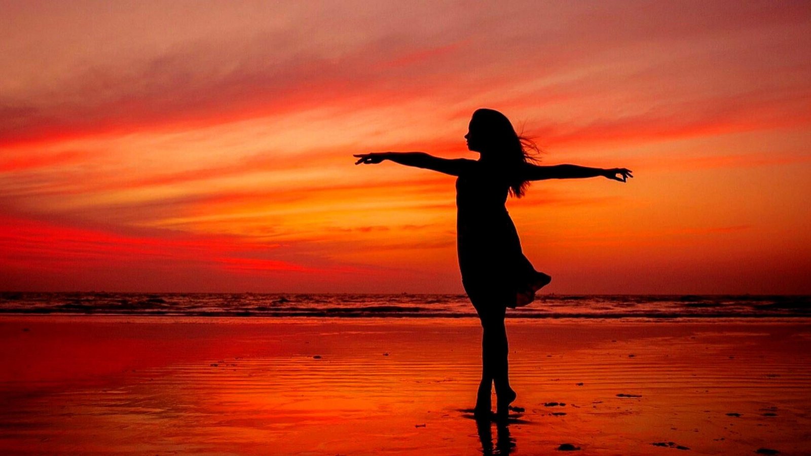 freedom sunset girl shore orange sky red dance mood 2k