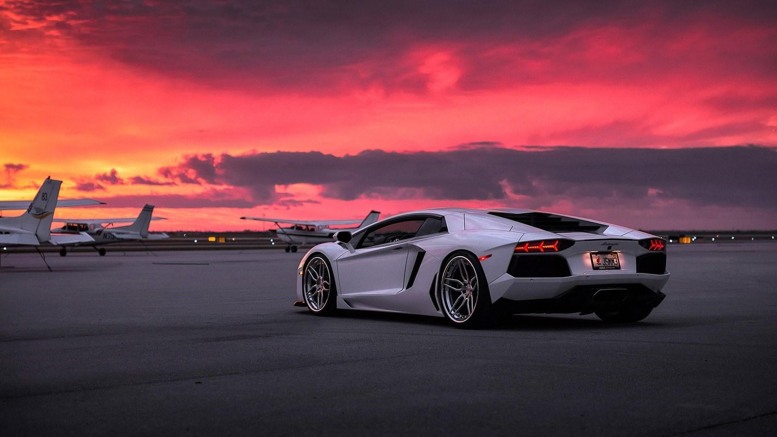 pink sky red white car airport sports vehicle 2k