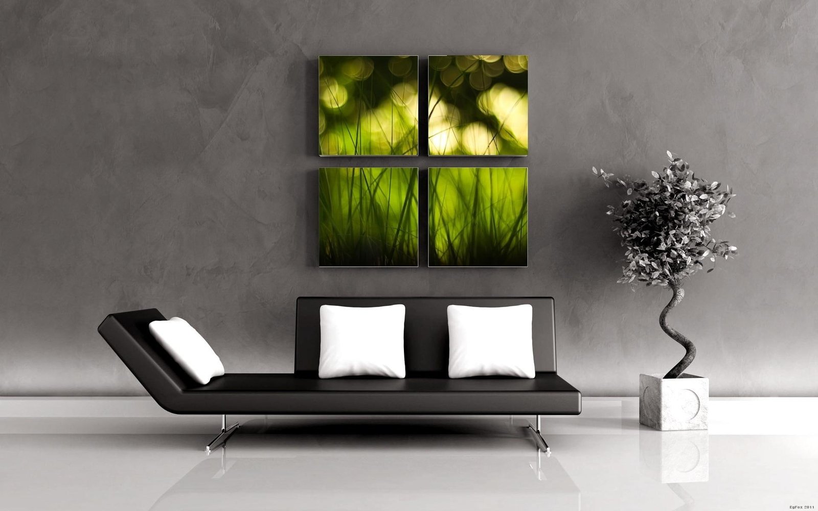Zen Room black leather chaise lounge green bonsai sofa interier 2k