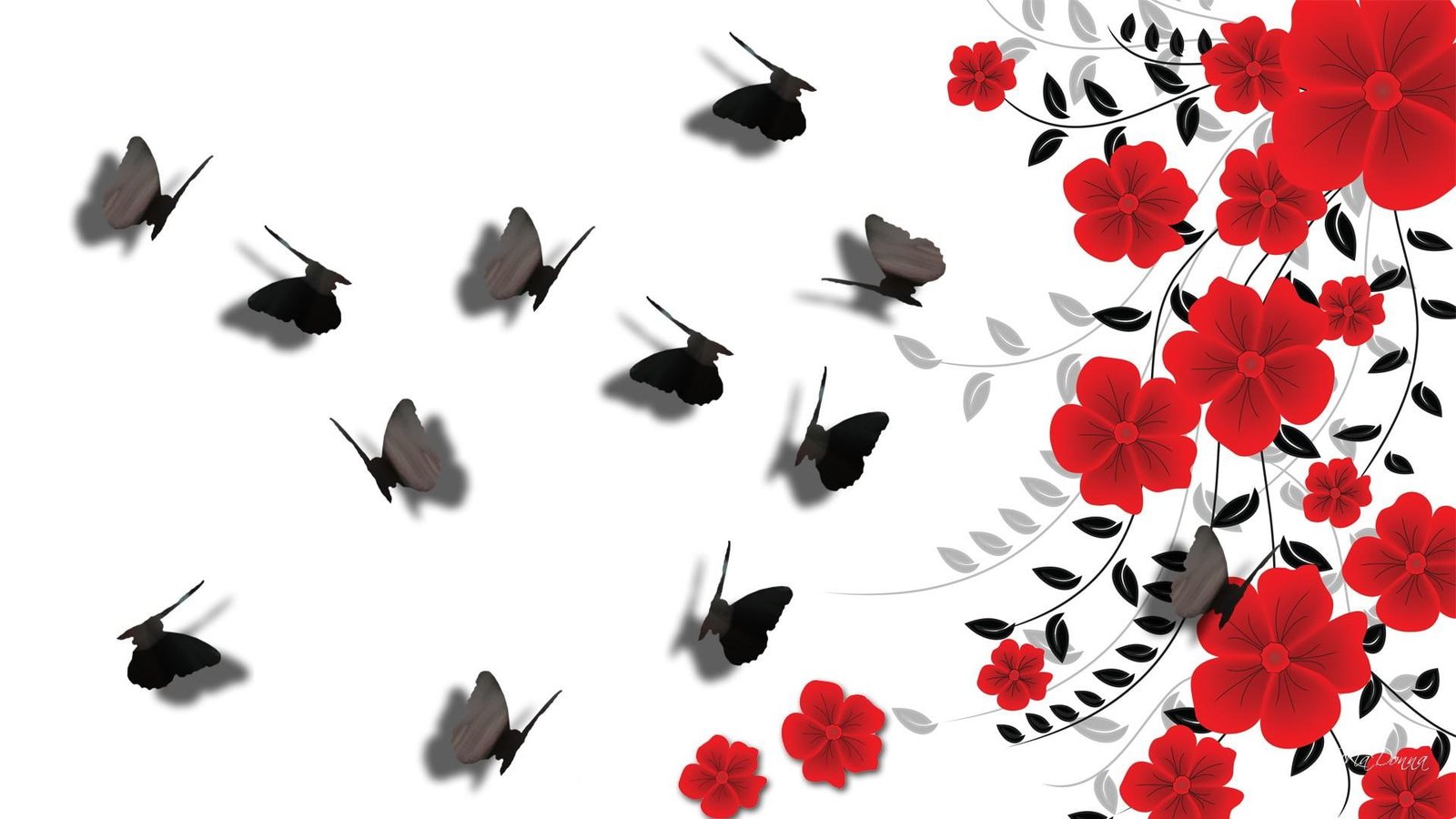 Red Flowers Shadow Butterflies black leaves white spring 2k