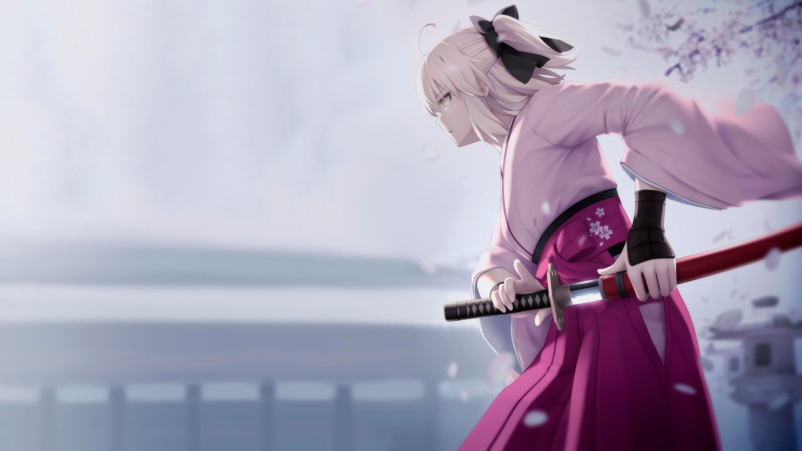 white haired animated woman with katana illustration anime girls 2k