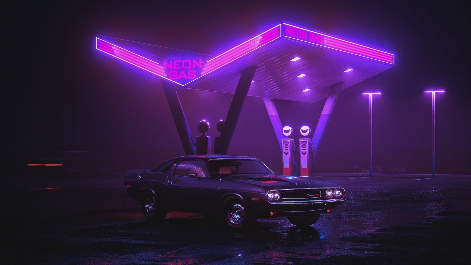 black muscle car Dodge Challenger near Neon Gas gas station 66 2k