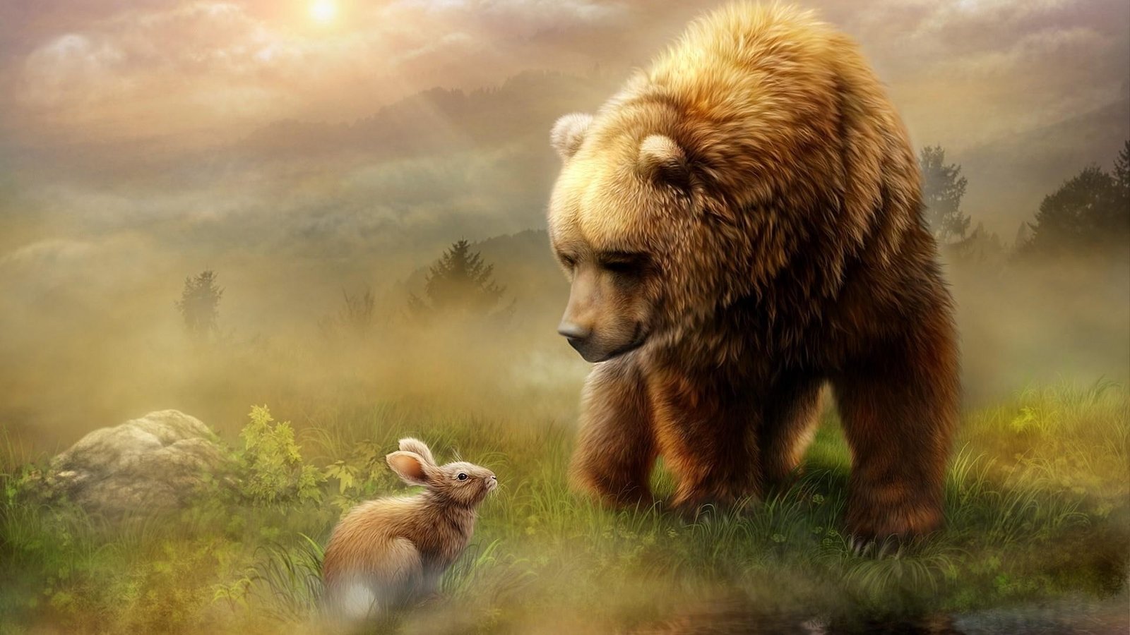 brown bear bunny rabbit wildlife field tail fantasy art 2k