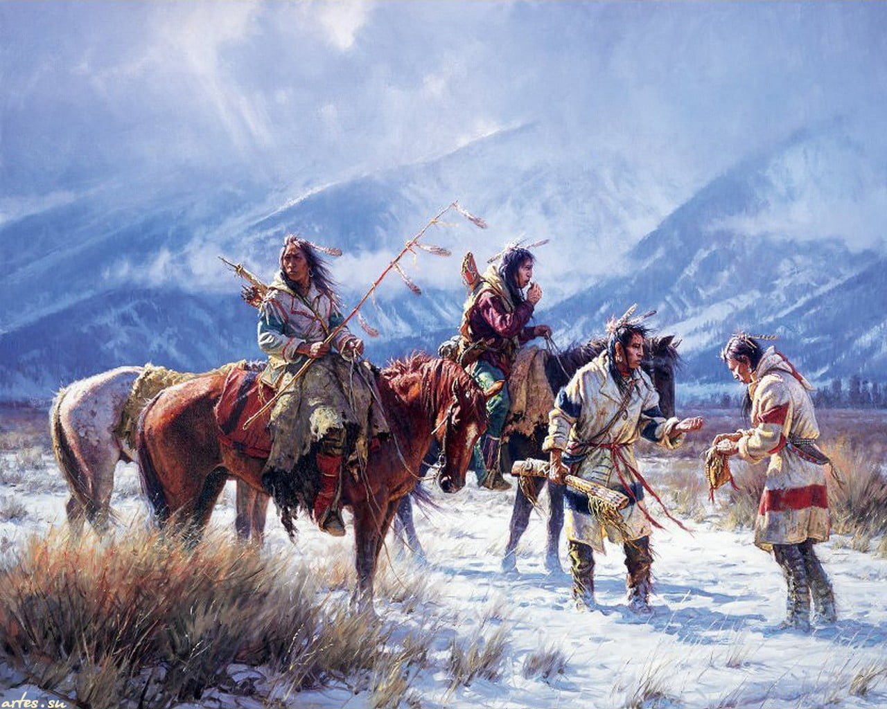 brown and white horse Native Americans nature artwork mammal