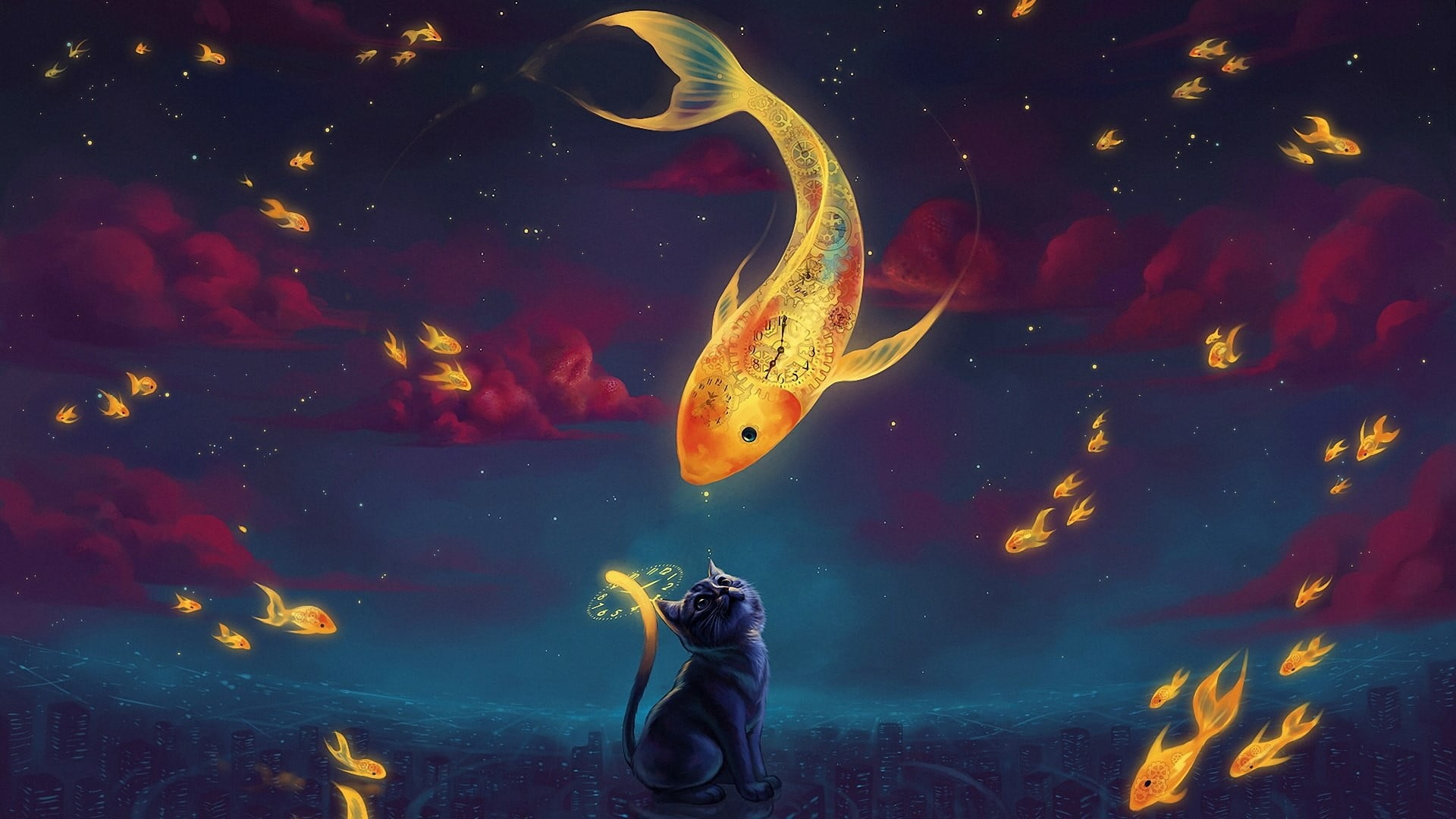 cat and fish digital wallpaper cartoon goldfish artwork clouds 2k