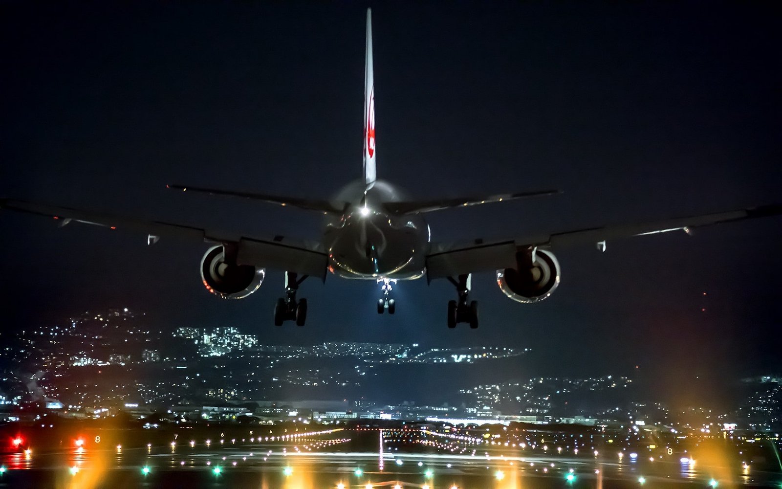 airplane landing airport Japan lights landscape night 2k