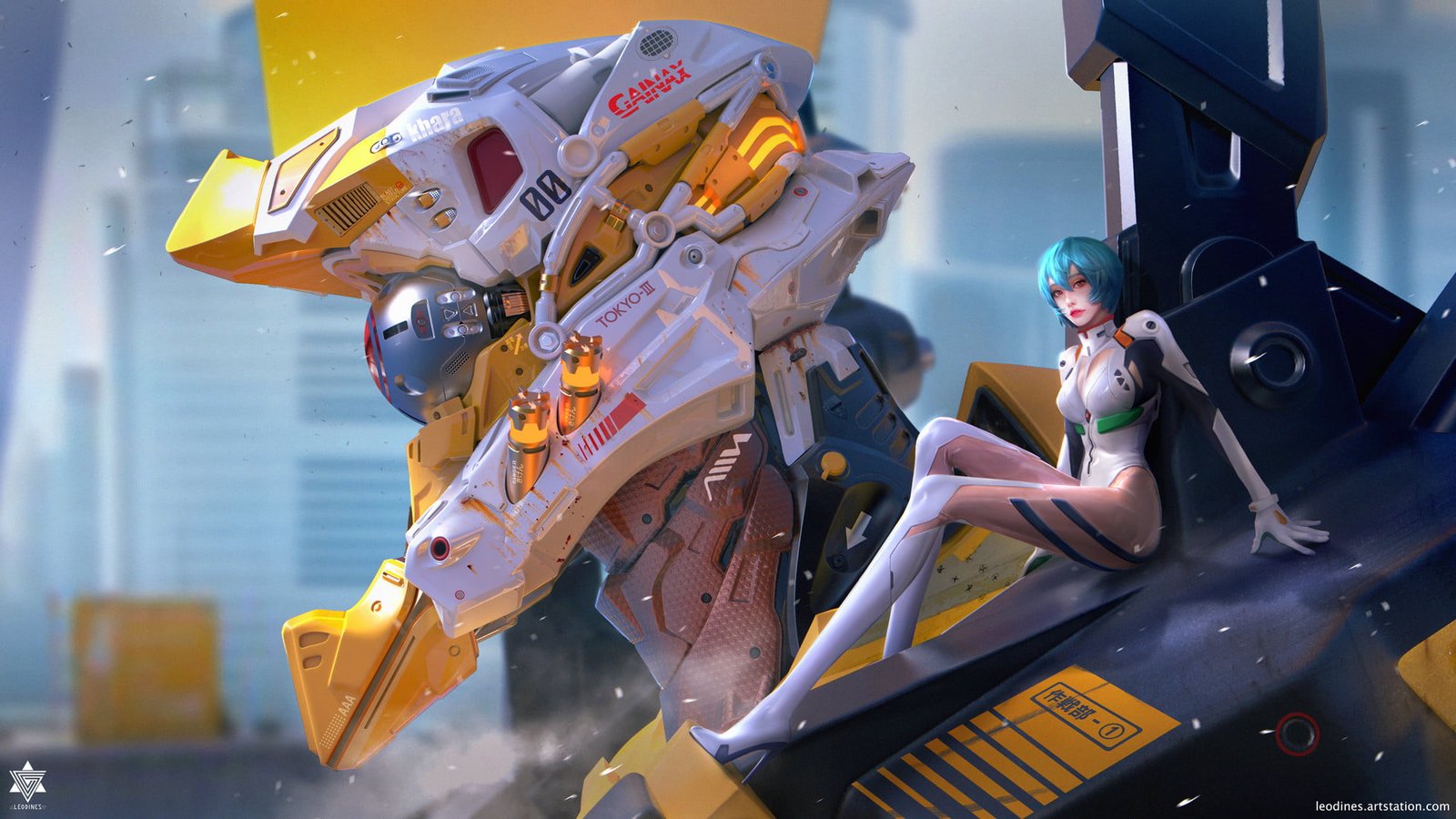 animated of woman with robot anime girls EVA Unit 00 mech 2k