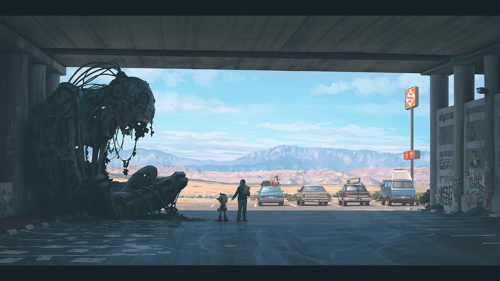 digital wallpaper of city science fiction robot Simon St lenhag 2k