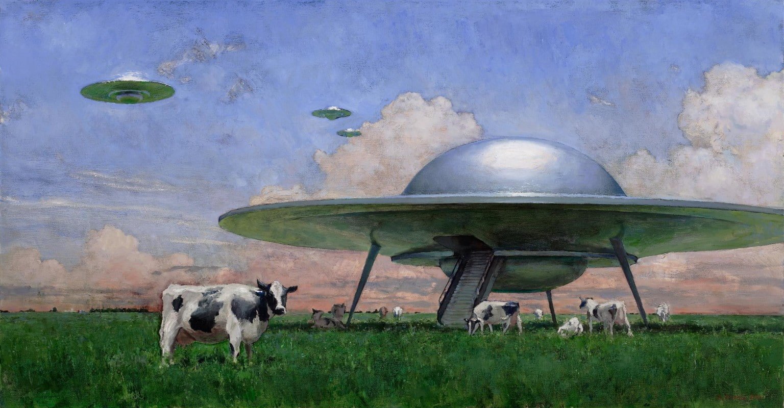 fantasy art nature artwork aliens UFO cow animals grass 2k
