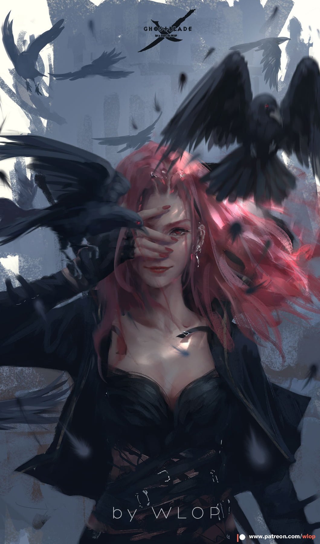 Ghost Blade WLOP anime girls birds redhead painted nails