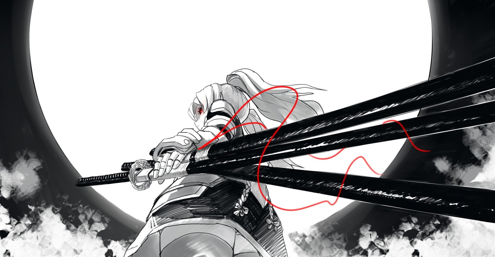 female anime character holding swords digital wallpaper drawing 2k