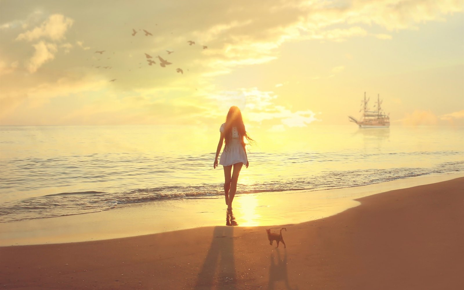 Girl at sunset beach sea cat sailboat 2k