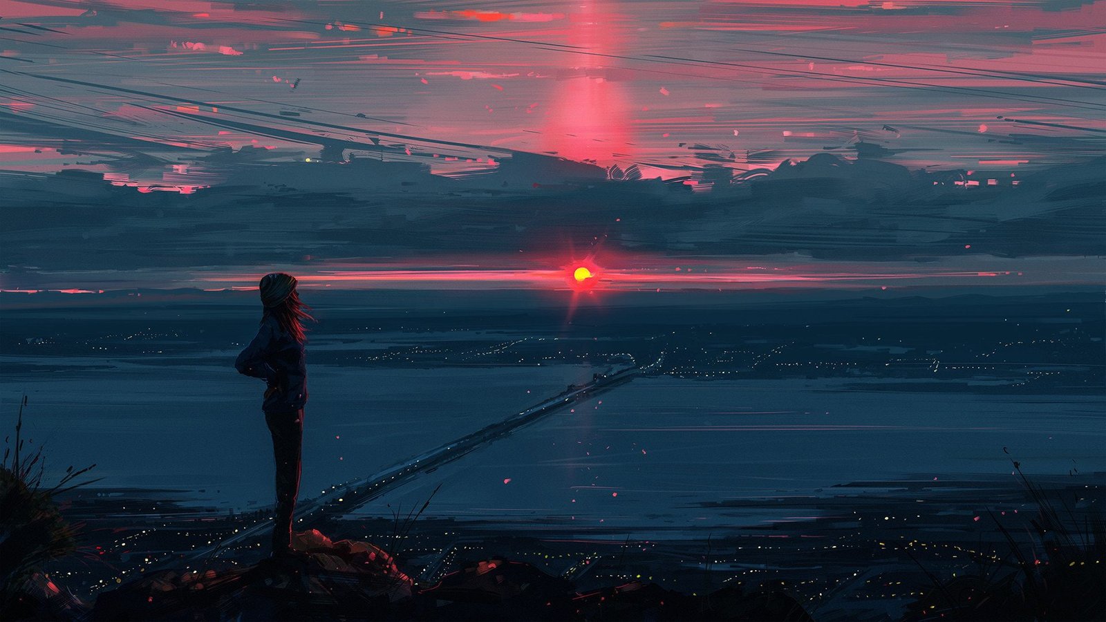 Anime Original Girl Landscape Scenery Sky Sunset 2k