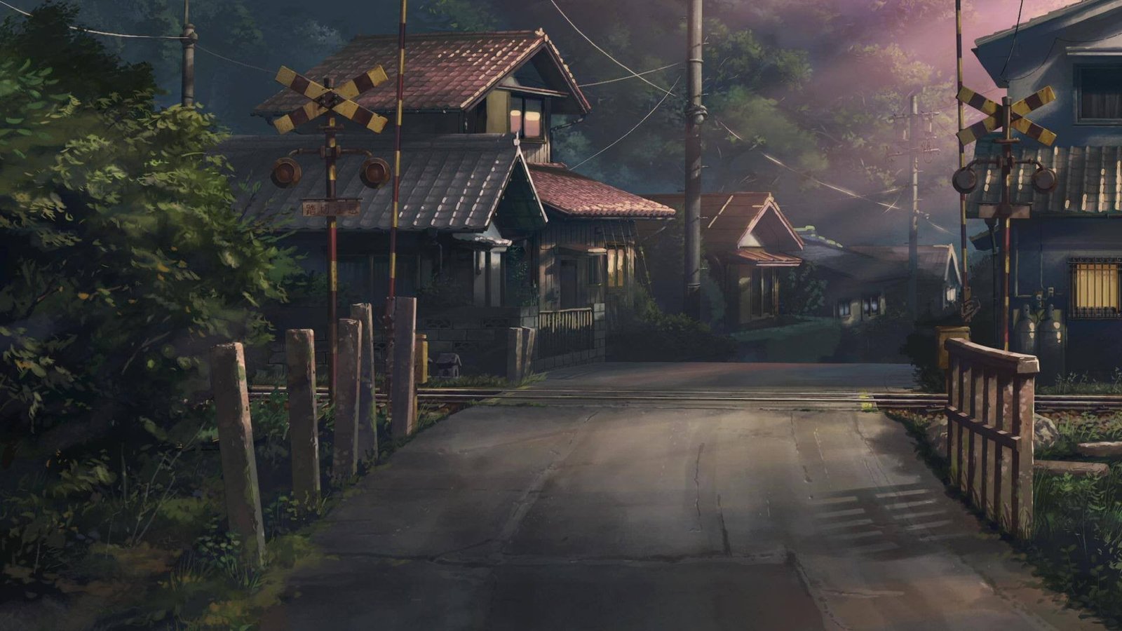 several houses near train railings digital wallpaper Children Who Chase Lost Voices 2k