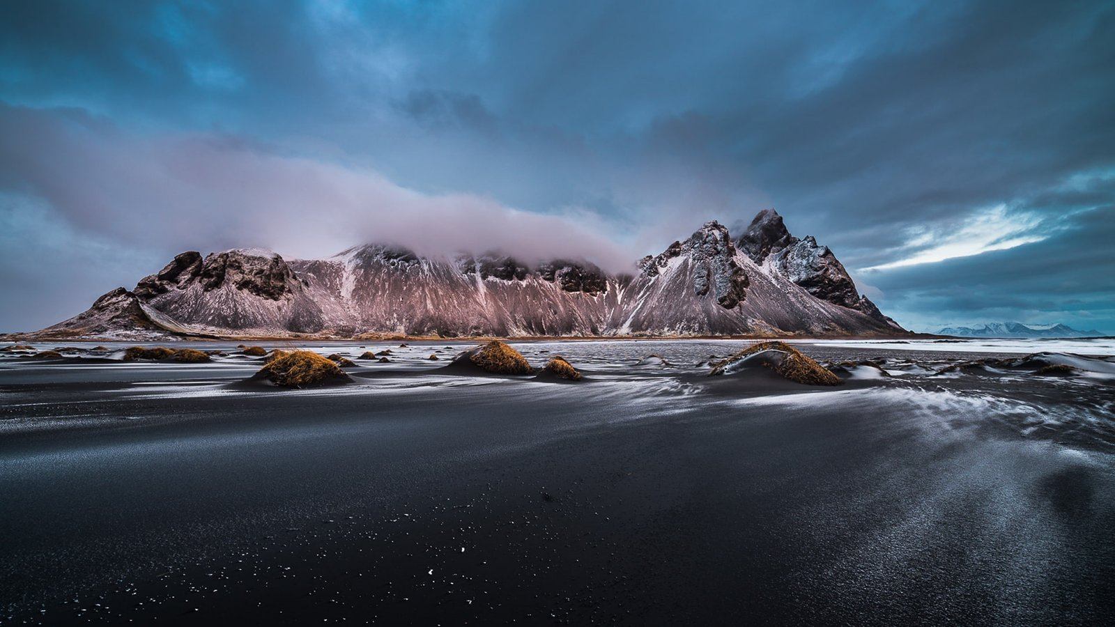 Beautiful Landscape Vestrahorn Iceland Snowy Mountain Sea Coast Sandy Beach Waves Cloudy Sky Desktop Hd Wallpaper For Mobile Phones Tablet And Pc 2k