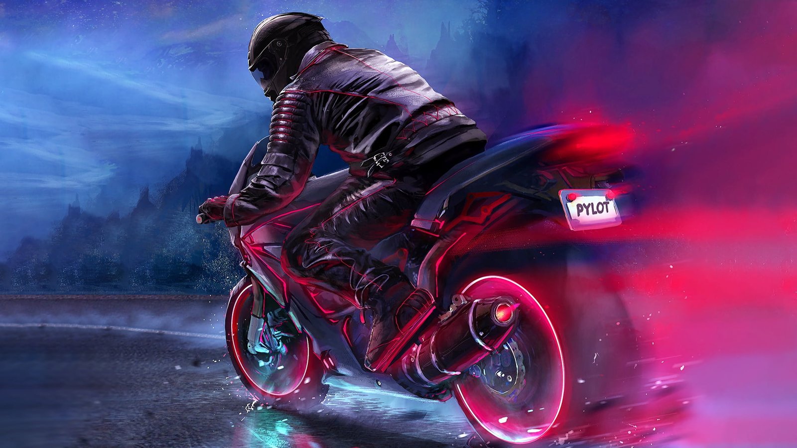 black and red sports bike digital art motorcycle pilot fantasy 2k